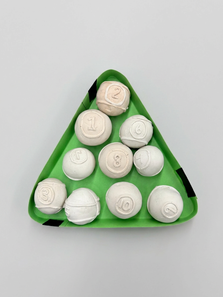 Numbered clay pool balls arranged in a triangle rack.