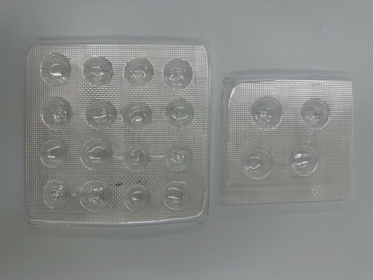 Two vacuum-formed plastic trays showing the negative mold of each ball.