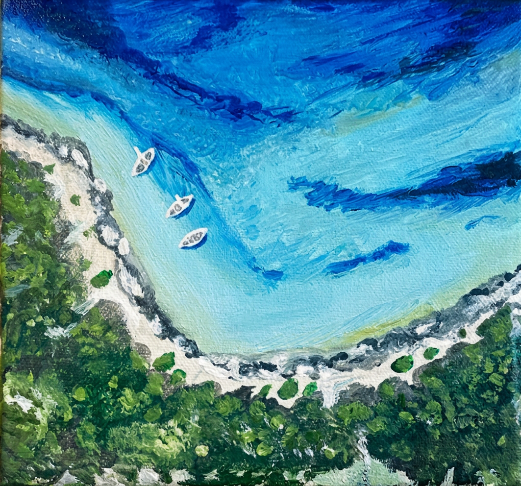 Acrylic painting of three small boats moored in a turquoise cove.