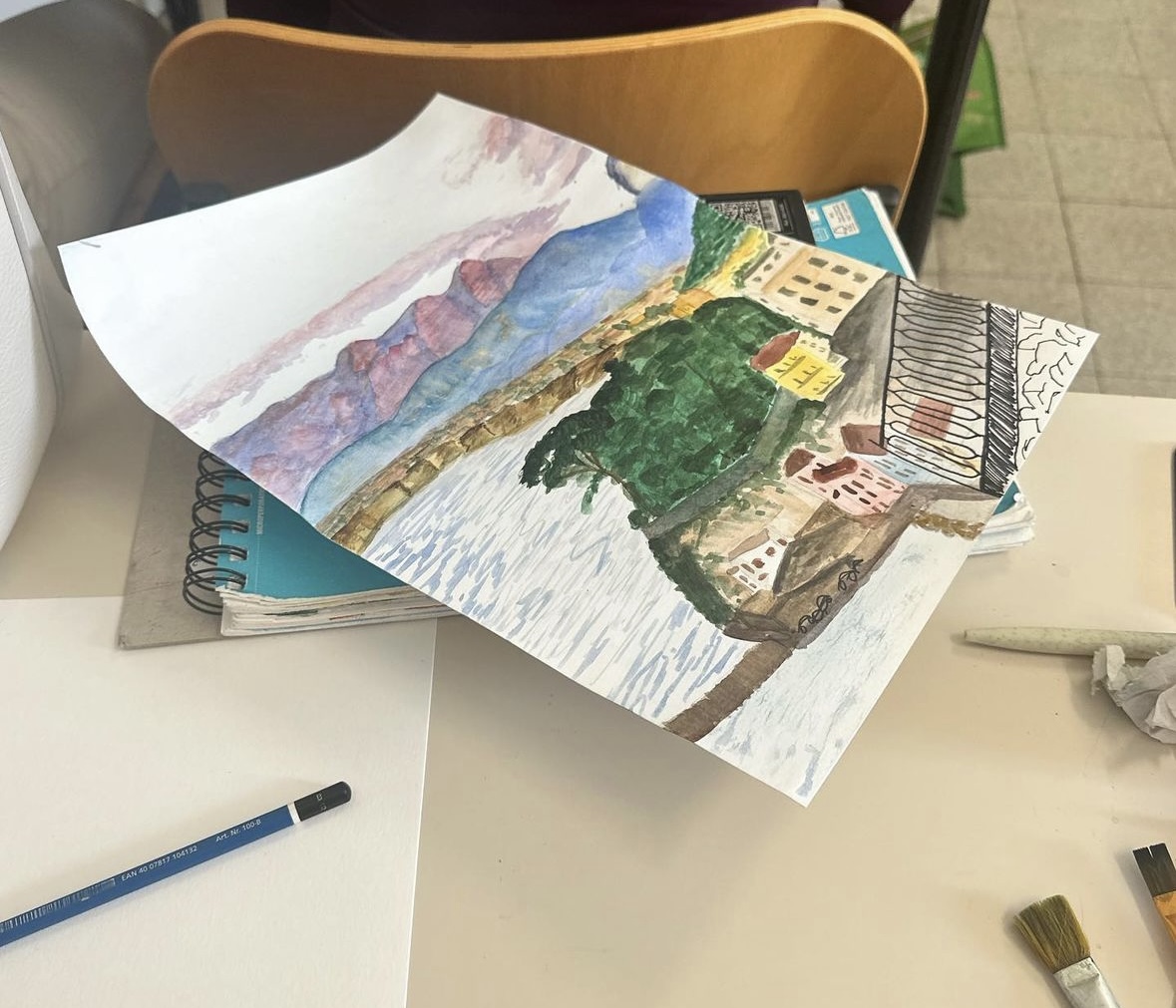 Watercolor study of cliffs and houses along the Sorrento coastline.