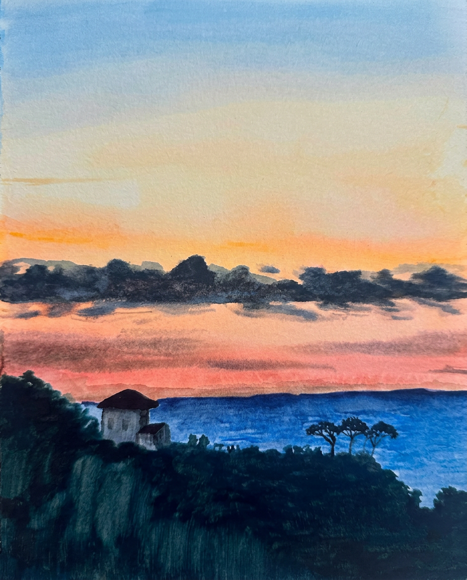 Watercolor painting of a coastal sunset with a small white house, dark trees, and a deep blue sea under an orange sky.